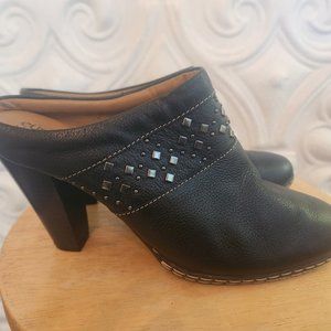 Sofft Black Studded Leather Block-Heel Mules